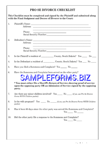 South Dakota pro se Divorce Checklist Form pdf free